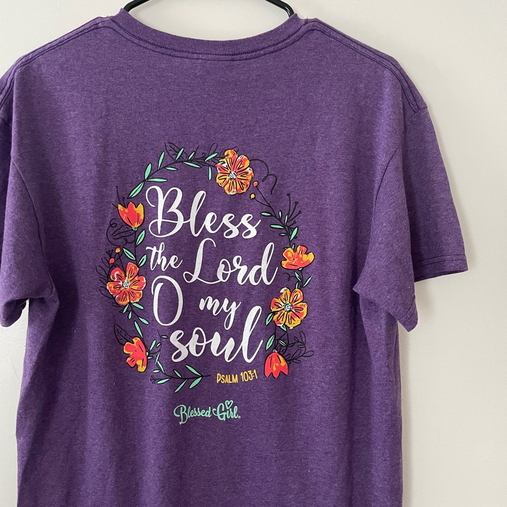 Purple Short Sleeve Tee with Floral Scripture Graphic